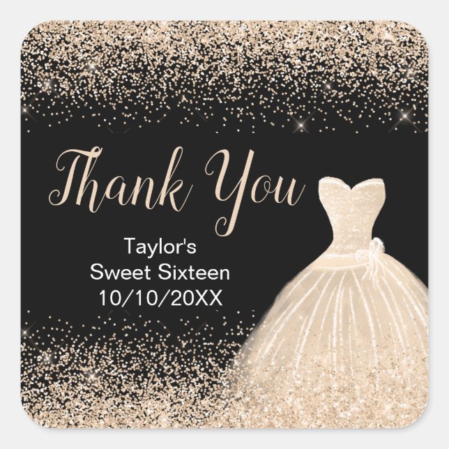 Pegatina Cuadrada Champán Vestido Faux Purpurina Sweet 16 Cumpleaños (Anverso)