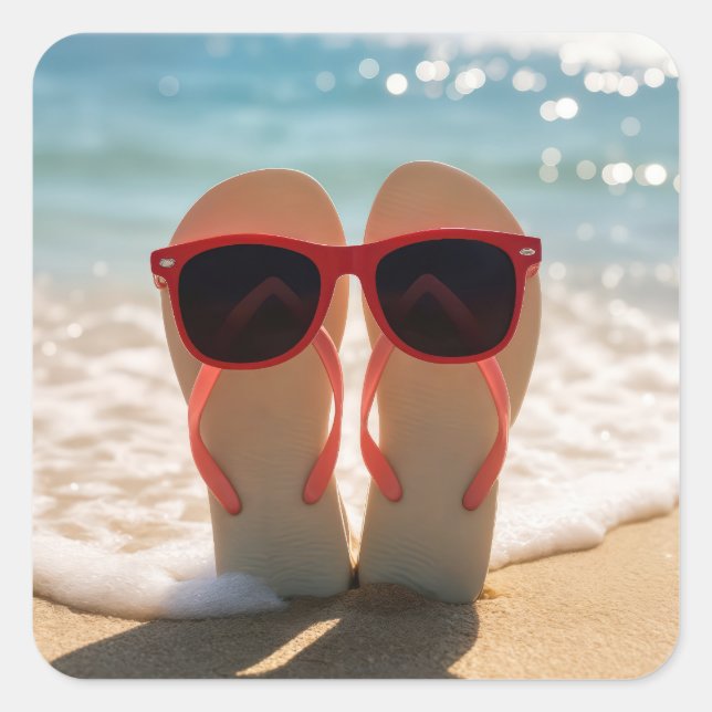 Pegatina Cuadrada Chanclas con gafas de sol rojas (Anverso)