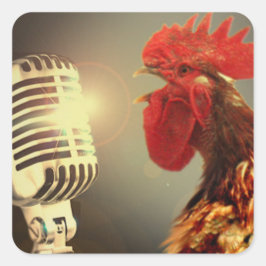 Pegatina Cuadrada Chanticleer el Rooster con micrófono