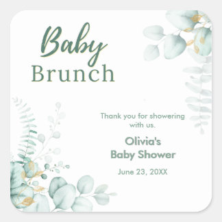 Pegatina Cuadrada Chaparral Verde Botánico Dorado Baby Shower 