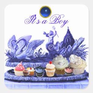 PEGATINA CUADRADA CHARIOTA AZUL DE SWANS /CUPCAKES CHICO BABY SHOWER