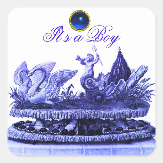 PEGATINA CUADRADA CHARIOTA AZUL DE SWANS /CUPCAKES CHICO BABY SHOWER (Anverso)