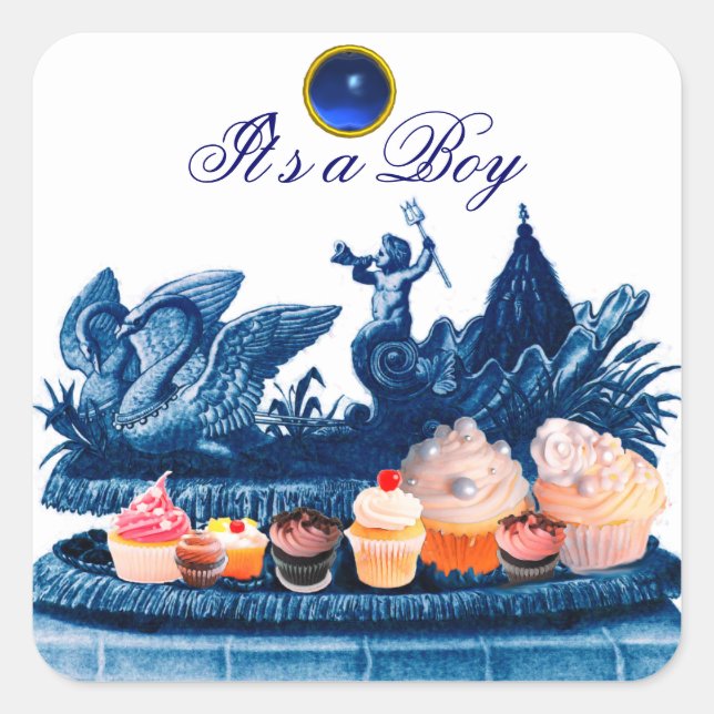 PEGATINA CUADRADA CHARIOTA AZUL DE SWANS /CUPCAKES CHICO BABY SHOWER (Anverso)