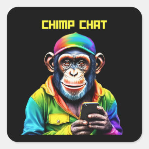 Pegatina Cuadrada Charla divertida-chimpancé-chimpancé con teléfono-