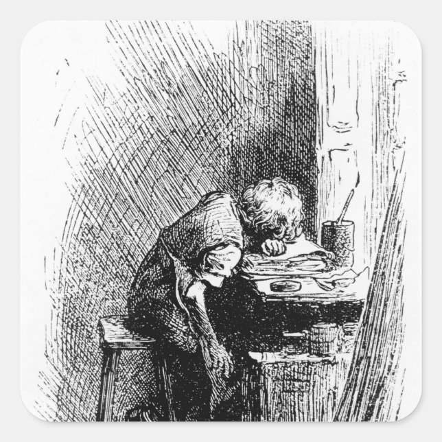 Pegatina Cuadrada Charles Dickens en Blacking Factory (Anverso)