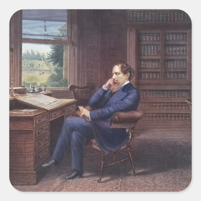 Pegatina Cuadrada Charles Dickens en su estudio (Anverso)