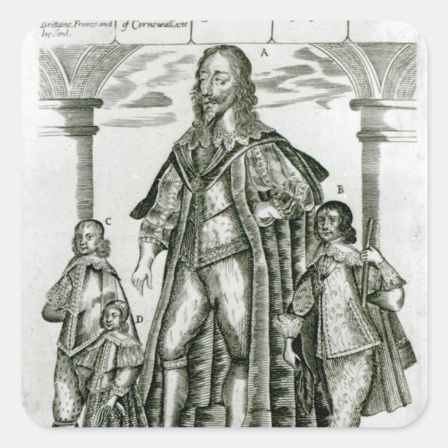 Pegatina Cuadrada Charles I con sus hijos (Anverso)