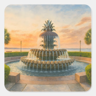 Pegatina Cuadrada Charleston Pineapple Fountain Acuarela Sunset