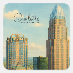 Pegatina Cuadrada Charlotte NC Acuarela del Horizonte Viaje