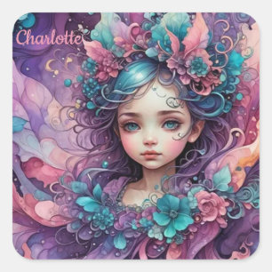 Pegatina Cuadrada CHARLOTTE ~ ¡WOW! Lavanda azul rosa de hadas ~