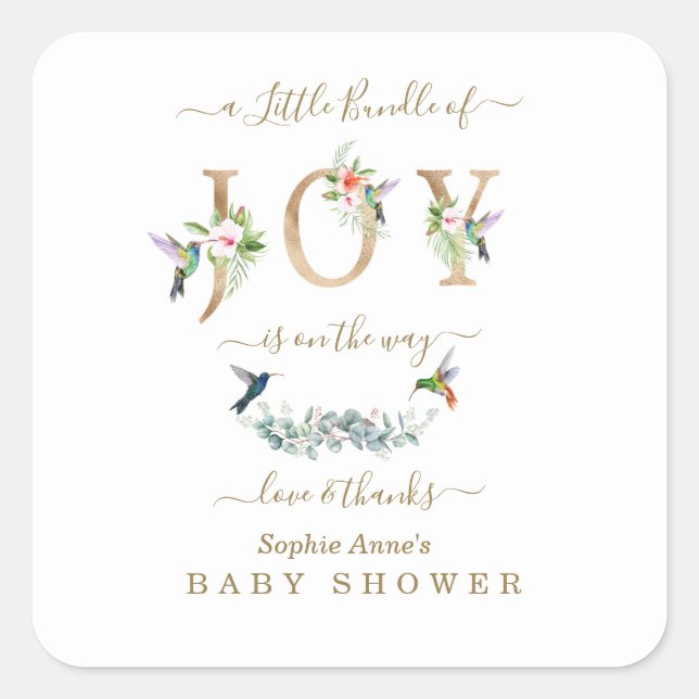 Pegatina Cuadrada Charm Little Bundle Of Joy Hummingbird Baby Shower (Anverso)