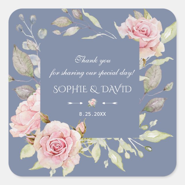 Pegatina Cuadrada Charm Pink Floral Dusty Blue Boda (Anverso)