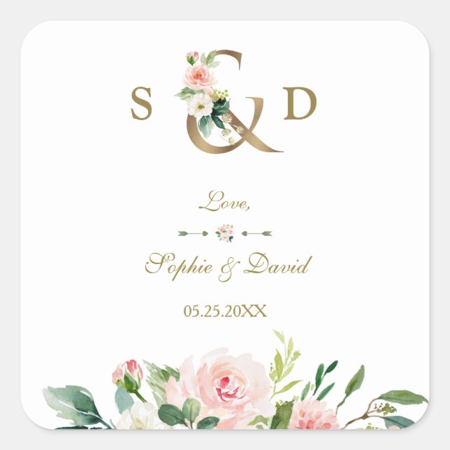 Pegatina Cuadrada Charm Rubor Floral Gold Ampersand Monogram Boda (Anverso)
