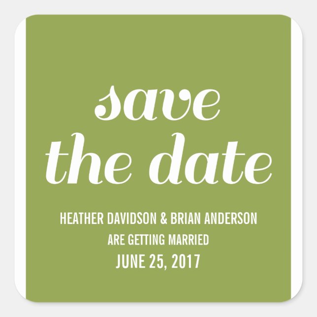 Pegatina Cuadrada Charm Save the Date Pegatinas, Olive Green (Anverso)