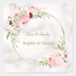 Pegatina Cuadrada Charm Spring Watercolor Peonies Bloom Gold Boda