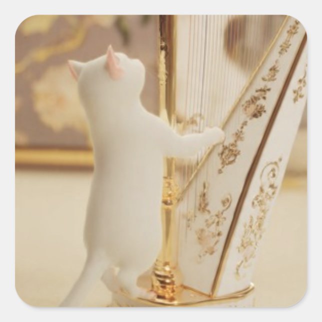 Pegatina Cuadrada Charming Cat Harpist – Sticker (Anverso)