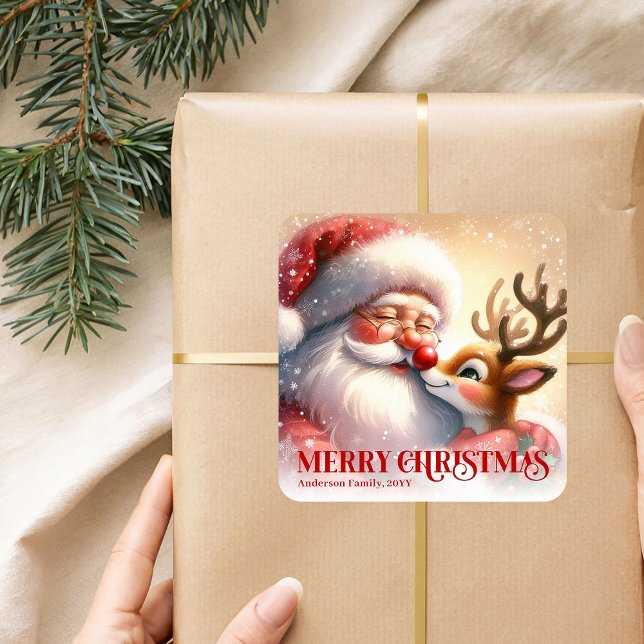 Pegatina Cuadrada Charming Santa Rudolph Personalized Christmas Kids (Charming Santa Rudolph Personalized Christmas Kids Sticker)