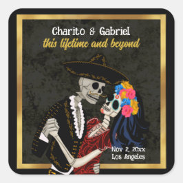 Pegatina Cuadrada Charro y Catrina Sugar Skulls Black