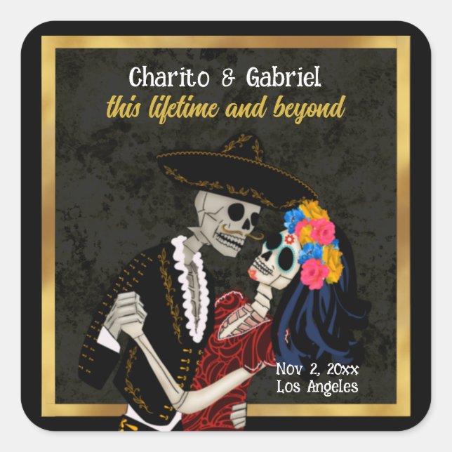 Pegatina Cuadrada Charro y Catrina Sugar Skulls Black (Anverso)