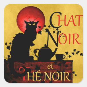 Pegatina Cuadrada Chat Noir et Thé Noir, té negro de gato