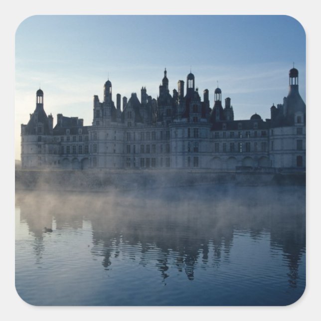 Pegatina Cuadrada Chateau Chambord al amanecer, Loir-et-Cher, Loira (Anverso)