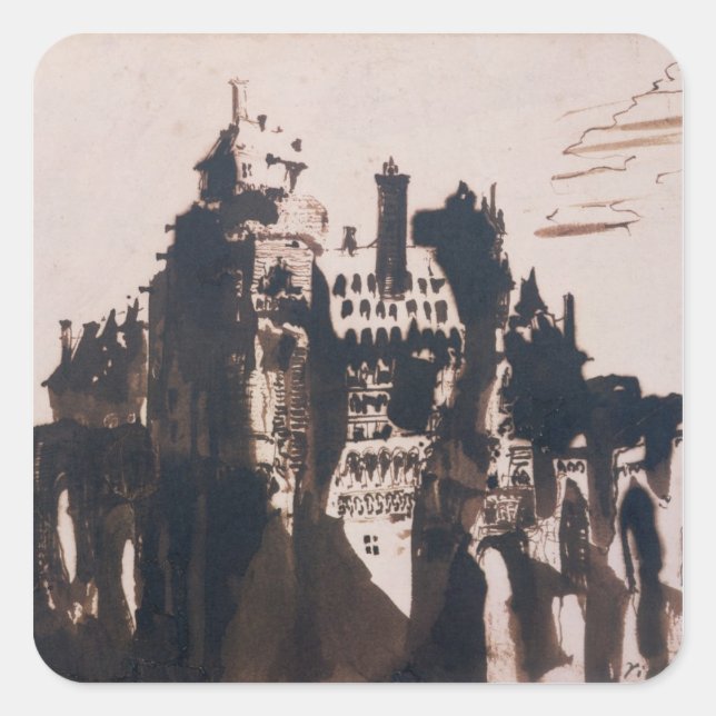 Pegatina Cuadrada Chateau fortificado por dos puentes (Anverso)