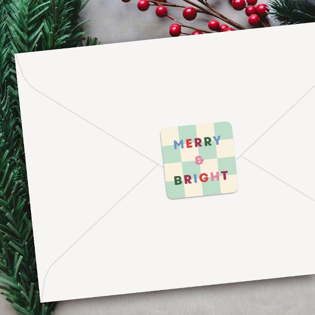 Pegatina Cuadrada Checkerboard Merry & Bright Christmas Sticker (Subido por el creador)
