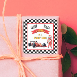 Pegatina Cuadrada Checkered Flag Race Car Fast One Birthday