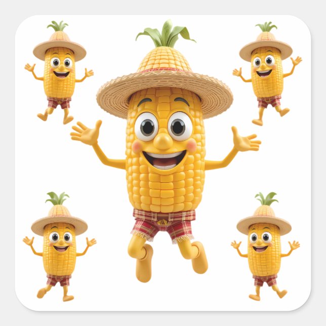 Pegatina Cuadrada  Cheerful Corn Characters Celebrating Life (Anverso)