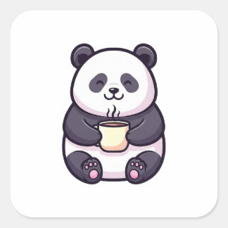 Pegatina Cuadrada Cheerful Panda with Tea – Cute Whimsical Illustrat