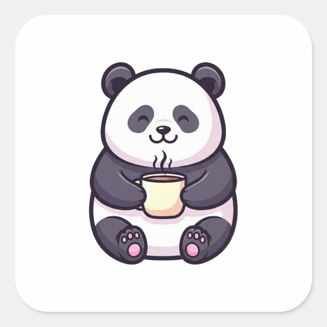 Pegatina Cuadrada Cheerful Panda with Tea – Cute Whimsical Illustrat (Anverso)