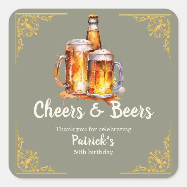 Pegatina Cuadrada Cheers and Beers Glass Bottle 50th Birthday (Anverso)