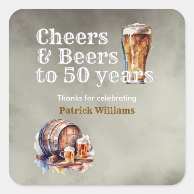 Pegatina Cuadrada Cheers Beers 50 Years Black Smokey Men's Birthday (Anverso)