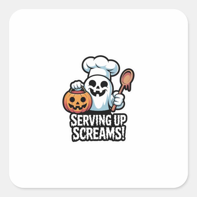 Pegatina Cuadrada Chef Boo – Spooky Cute Halloween Ghost Spoon (Anverso)