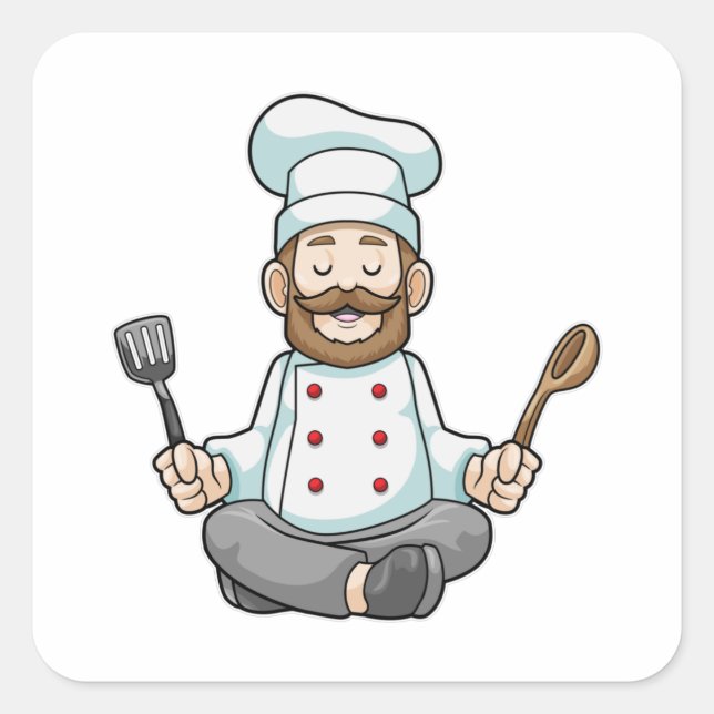Pegatina Cuadrada Chef con delantal de cocina en yoga (Anverso)