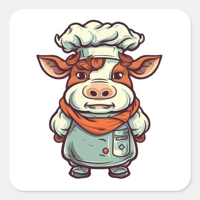 Pegatina Cuadrada Chef Cow Cute Farm Animal (Anverso)