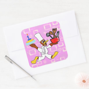 Pegatina Cuadrada Chef de cumpleaños Ducky Kazoo Rosa Geométrico