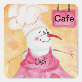 Pegatina Cuadrada Chef de Snowman en Gorra de Apron y Chef