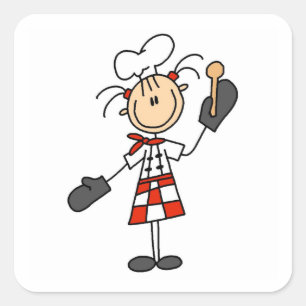 Pegatina Cuadrada Chef femenino con Mitte y Cuchara de Madera