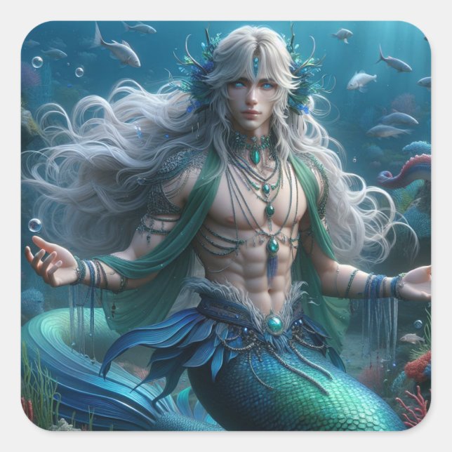 Pegatina Cuadrada Chelan - Merman - Colección de arte de la serie Me (Anverso)