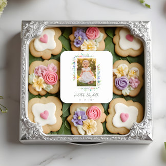 Pegatina Cuadrada Cherish Cute Floral Frame Christening Photo 