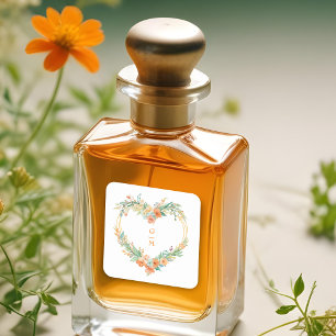 Pegatina Cuadrada Cherish Orange & Green Floral Heart Wreath Wedding