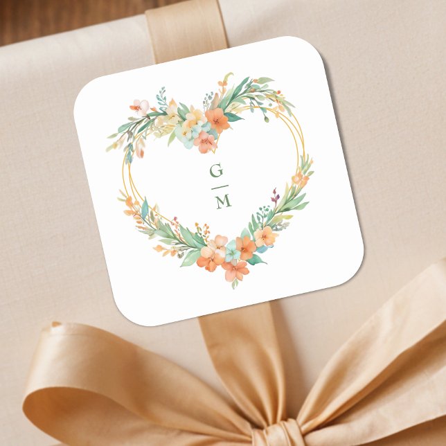 Pegatina Cuadrada Cherished Romantic Green Orange Floral Heart Shape (Cherished Romantic Green & Orange Floral Heart Shape Wreath Wedding Square Stickers. )