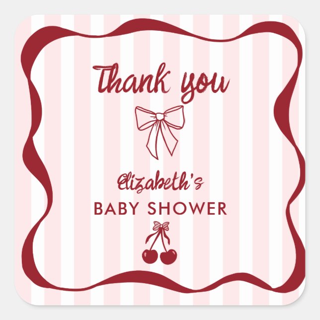 Pegatina Cuadrada Cherry Baby Shower Thank you Bows Coquette (Anverso)