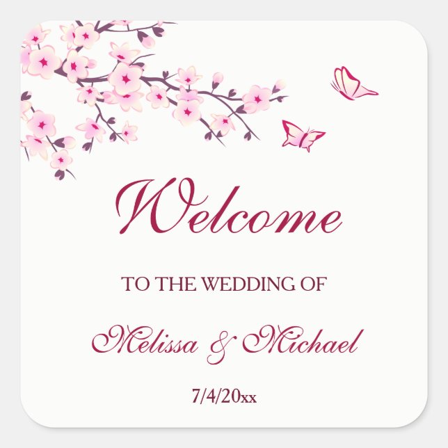Pegatina Cuadrada Cherry Blossom Gracias Boda Bienvenida (Anverso)