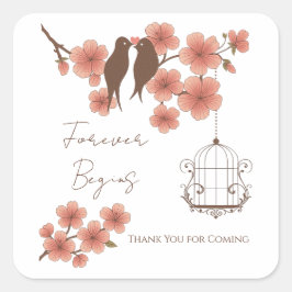 Pegatina Cuadrada Cherry Blossom Lovebirds Wedding Sticker