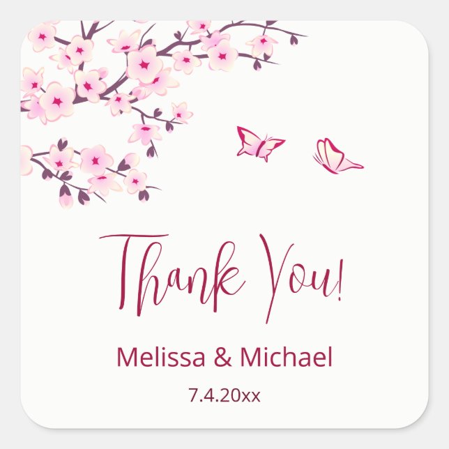 Pegatina Cuadrada Cherry Blossom Thank You Wedding Favor   (Anverso)