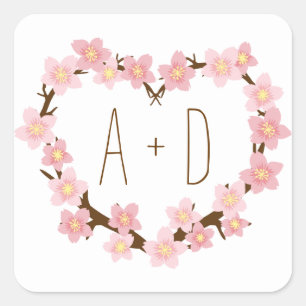Pegatina Cuadrada Cherry Blossom Wreath Boho Rustic Boda