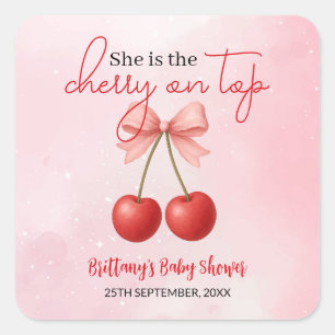 Pegatina Cuadrada Cherry en Baby Shower, Chica rosado superior