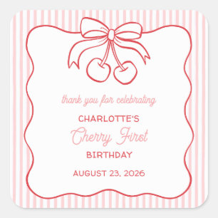 Pegatina Cuadrada "Cherry First" Birthday Pink Gracias Por Favor